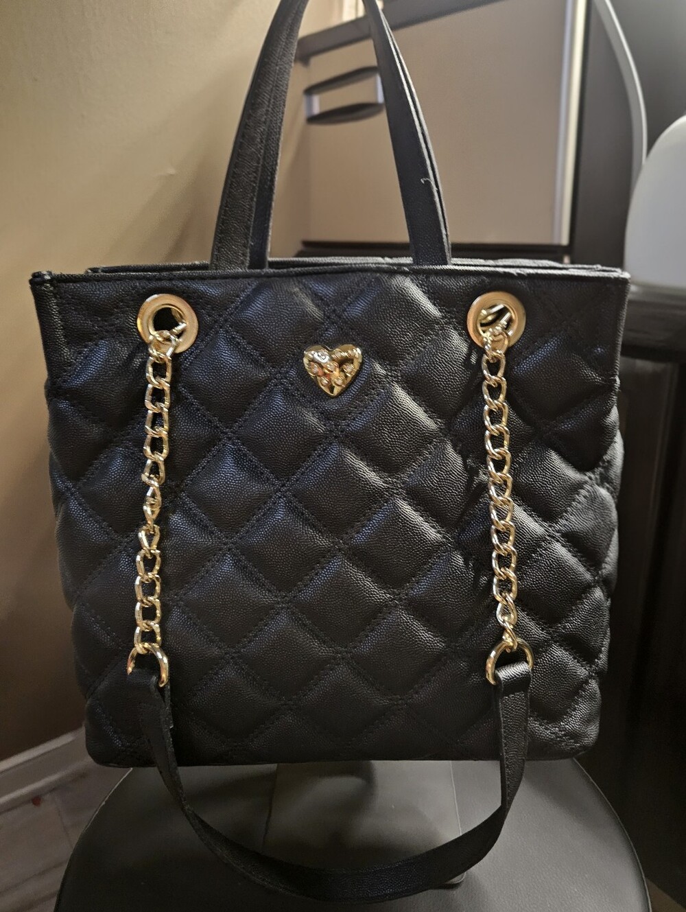 Betsey Johnson Black Diamond Quilted Tote- With Gold Tone Chain Straps